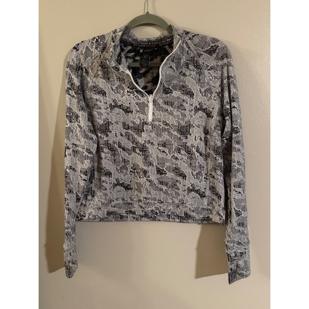 Spyder Active Womens Quarter Zip Pullover Top Snakeskin Print Grey Black Medium